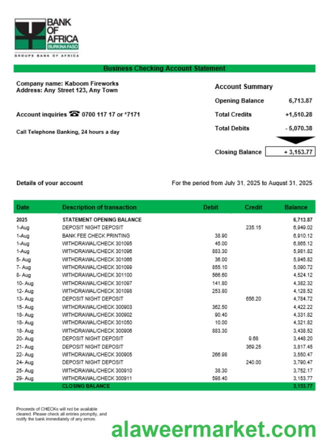 Bank of Africa corporate checking account statement Word and PDF template